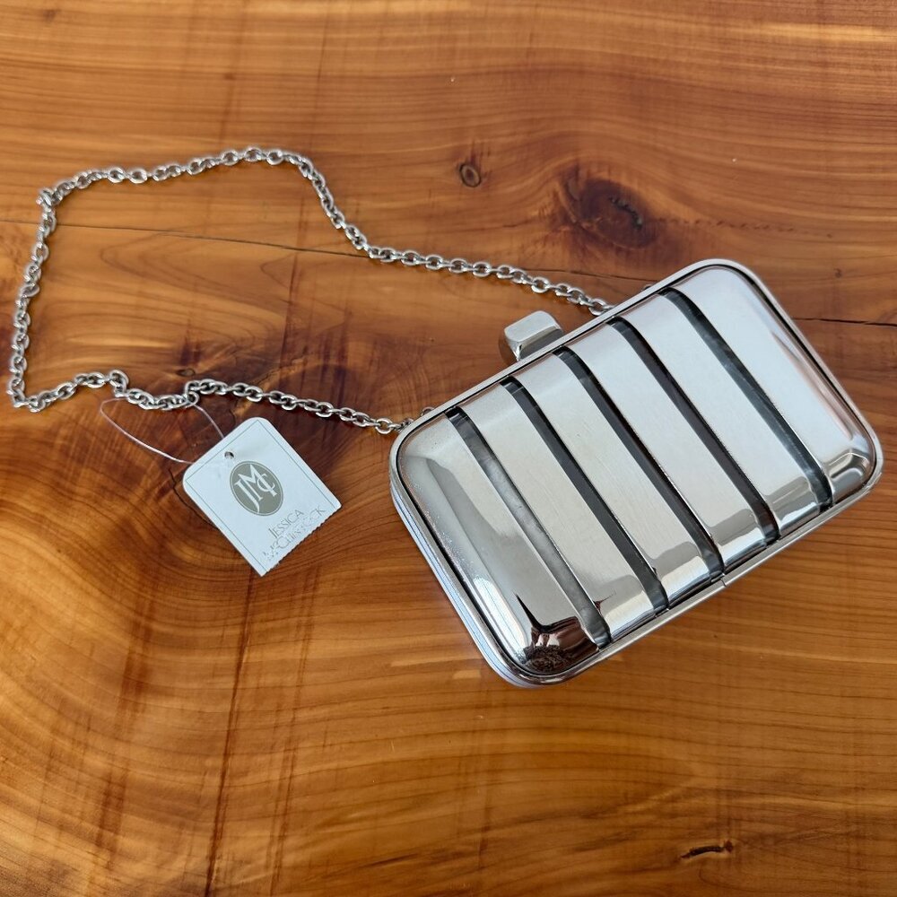 Jessica McClintock Silver Tone Metal Mini Clutch Bag with Chain Strap